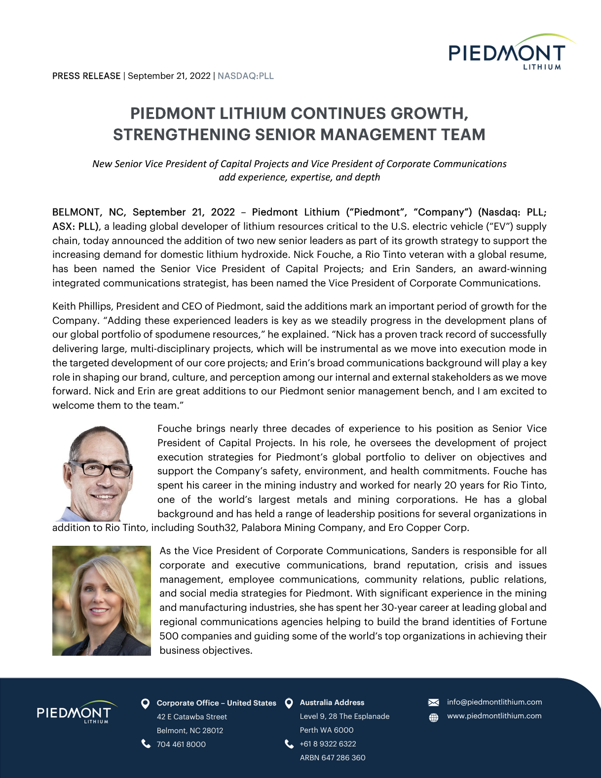 image of 1st page of Press Release, September 21, 2022